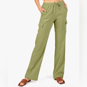 NWT Love Tree Women's  High Rise Linen Cargo Pants (Light Olive, Medium)